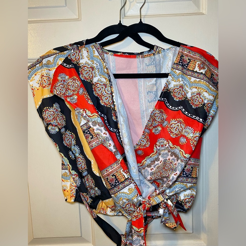 Red and Gold Pattern Wrap Asian Styled Cropped Tie Blouses set of 2